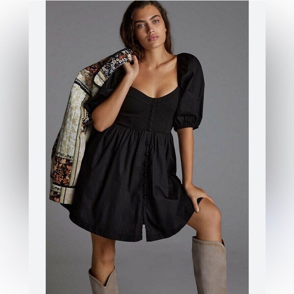 Anthropologie Maeve black puff sleeve sweetheart mini dress size small NWT - Picture 2 of 9